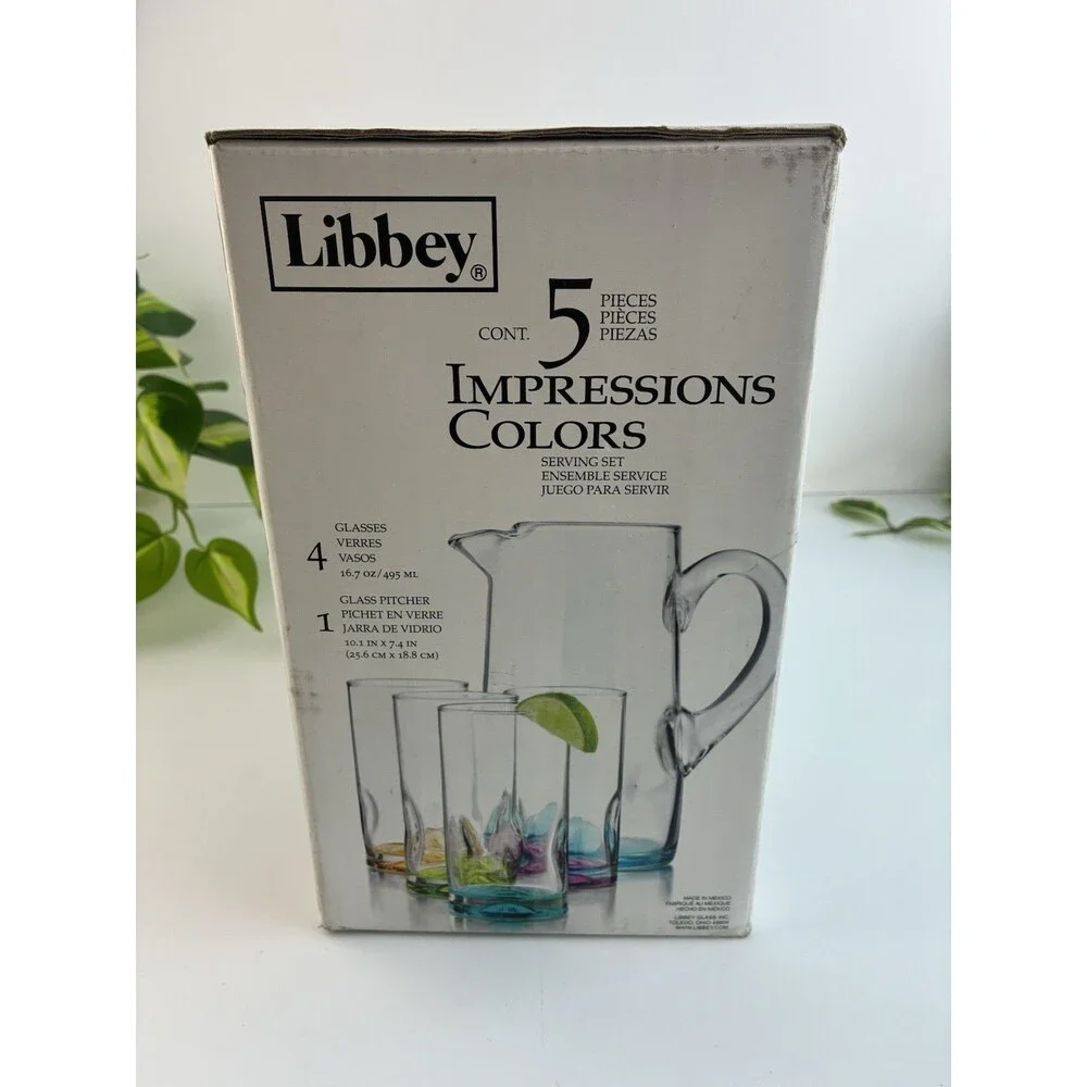 Libbey Impression Colors 5 Piece Serving Set 4 Glasses 16oz 1 Pitcher Margarita